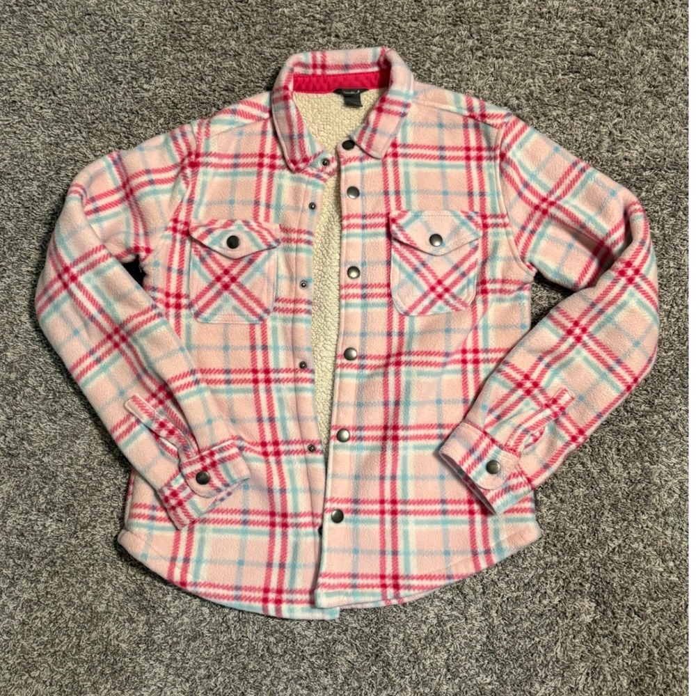 Eddie Bauer Kids Pink Plaid Sherpa Lined Fleece Shirt Jacket Shacket Size 14/16